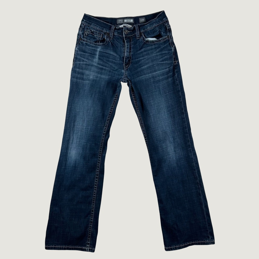 BKE Jake Bootleg Jeans Mens Dark Wash Stretch Denim 32R Blue Western Casual